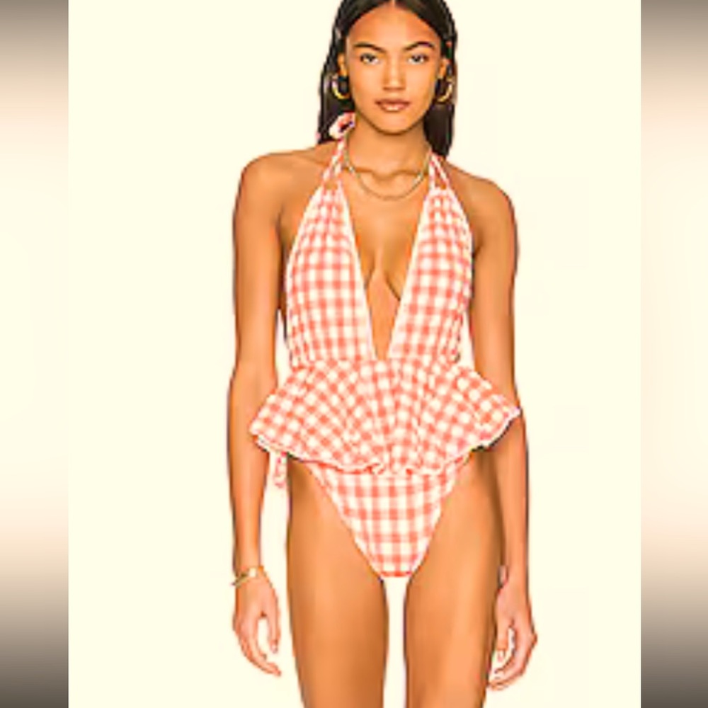 Montce Pink and White Gingham One Piece swimsuit with Ruffles